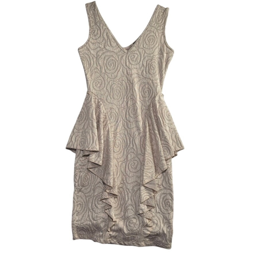 Venus Champagne Gold Metallic Textured Ruffle Peplum V-Neck Cocktail Dress